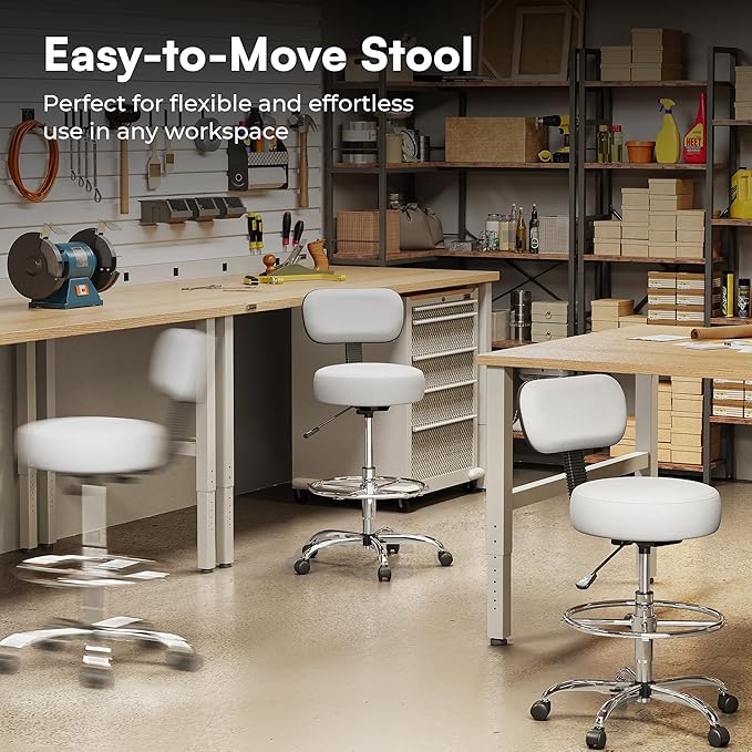 SUPERJARE Drafting Chair with Back, Adjustable Foot Rest Rolling Stool, Multi-Purpose Office Desk Chair, Thick Seat Cushion for Home Bar Kitchen Shop - White