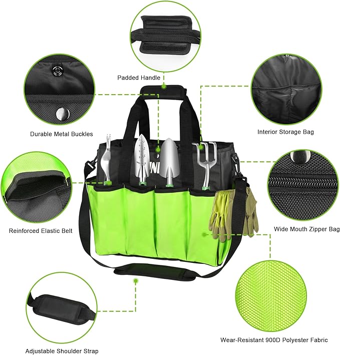 KUNLUN Gardening Tote Bag, Garden Tool Bag with 14 Pockets & Elastic Belt, Heavy Duty Standable Garden Tote Storage Bag with Long Adjustable Shoulder Strap for Indoor and Outdoor Use