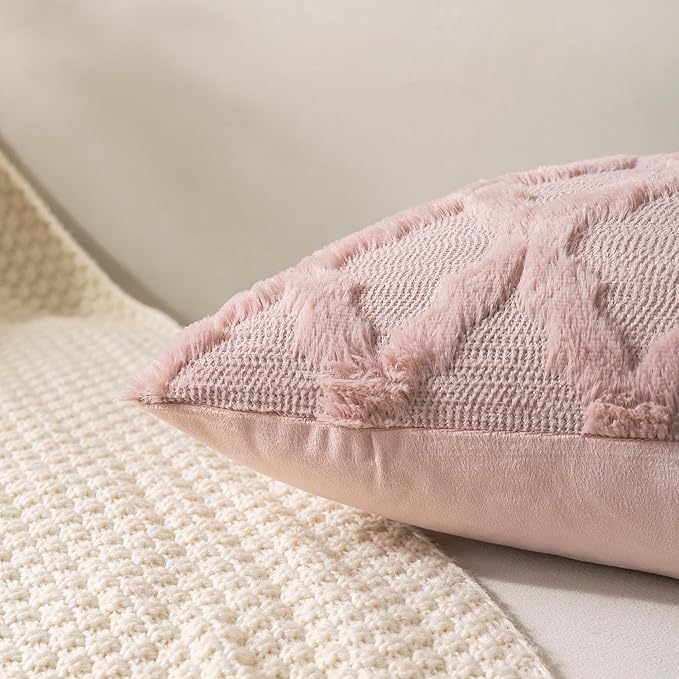 Set of 2 Soft Moroccan Throw Pillow Covers 18x18 Inch Plush Boho Decorative Pillow Cover Accent Cushion Case for Couch Sofa Bed, Pink
