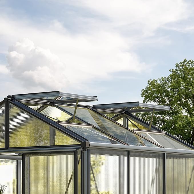 Greenhouse Diamas 23 Premium 7.7 x 12.6 ft with Approx. 16 mm Polycarbonate Panels, Natural Aluminum Color, with 2 Automatic Vent Openers