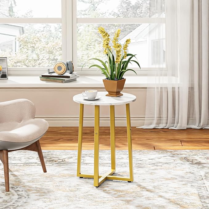 HOOBRO Side Table, Round Accent End Table with Sturdy Metal Pedestal, 15.7" Round Nightstand, for Living Room, Bedroom, Balcony, Office, Marble and Gold DM95BZ01