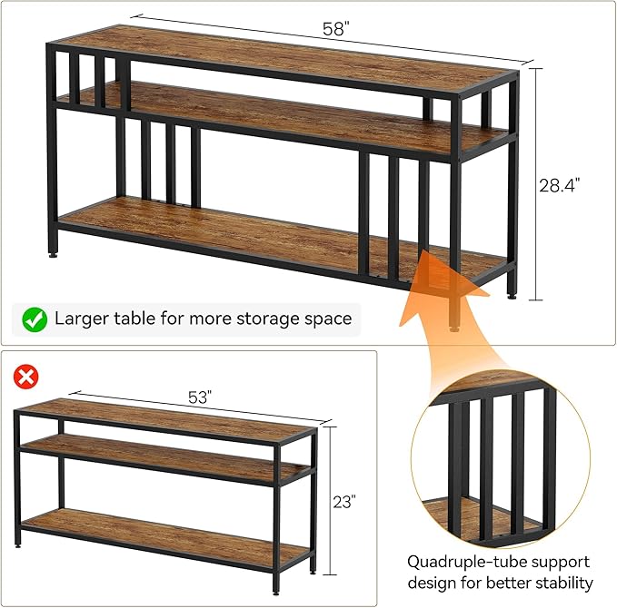 Garvee 58" TV Stand for Television up to 65 Inch, Entertainment Center with 3-Tier Open Shelves, TV Media Console Table Quadruple-Tube Support for Living Room, Entryway, Rustic Brown