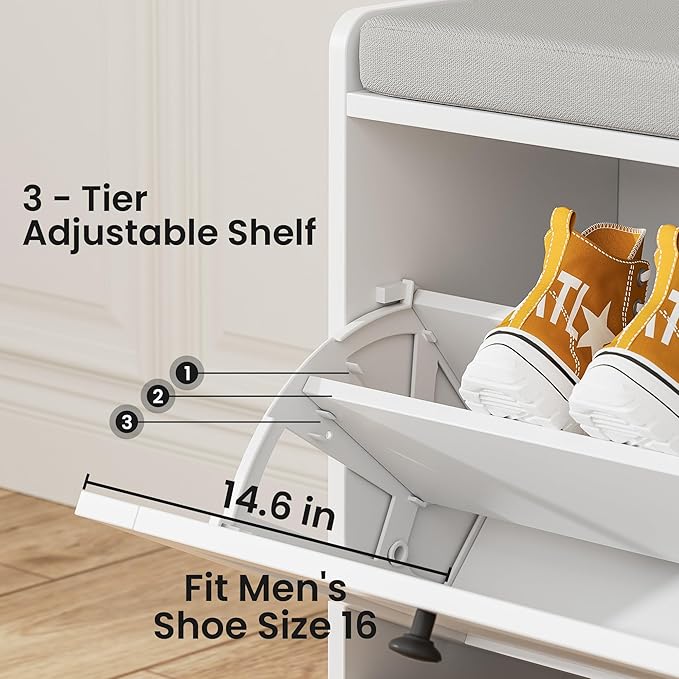 MHOM White Entryway Bench with 2 Flip Drawers, Shoe Bench with Padded Seat Cushion, Wooden Shoe Storage Bench for Entryway and Apartment