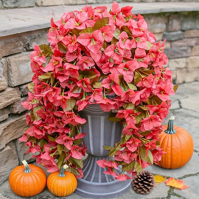 Bougainvillea Artificial Fall Hanging Flowers Plants for Outdoors Autumn Decoration, 2pcs Faux Bougainvillea Vines Red Fake Flowers Realistic UV Resistant Silk Flowers for Outside Planter Yard Home