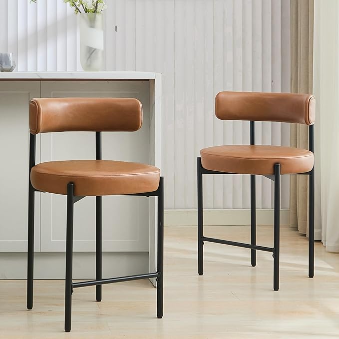 24'' Faux Leather Bar Stools Set of 4, Counter Height Bar Stools for Kitchen Island, Brown Upholstered Counter Chairs