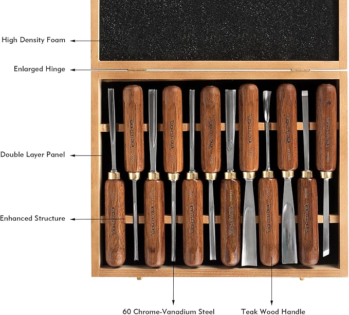 12-Pieces Woodworking Wood Carving Tools Chisel Set with Wooden Box, Razor Sharp CR-V 60 Steel Blades