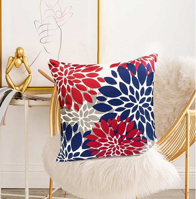 Decorative Throw Pillow Covers Set of 2 Red Blue Pillow Covers 18x18 Inch Couch Pillow Covers for Sofa Living Room Outdoor Throw Pillow Cover Linen Floral Flower Farmhouse Pillowcase