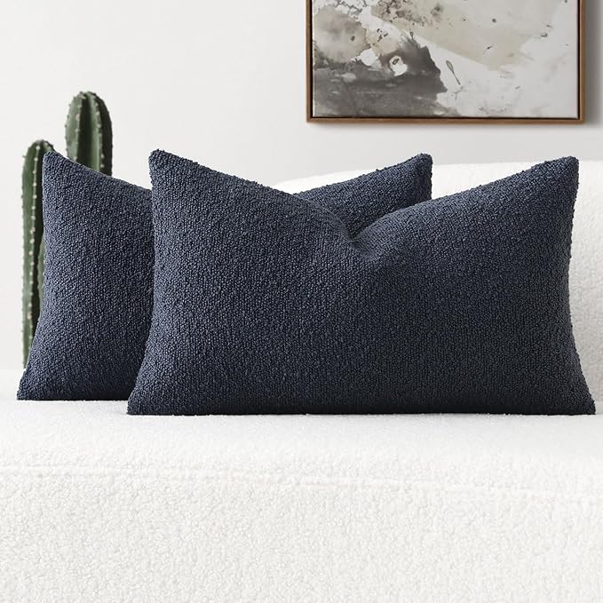 FUTEI Pack of 2 Navy Blue Decorative Throw Pillow Covers 12x20 Inch Soft Cozy Solid Boucle Textured Lumbar Pillow Cases,Modern Home Decor for Couch Bed Living Room