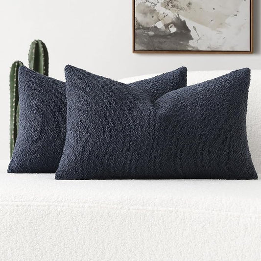 FUTEI Pack of 2 Navy Blue Decorative Throw Pillow Covers 12x20 Inch Soft Cozy Solid Boucle Textured Lumbar Pillow Cases,Modern Home Decor for Couch Bed Living Room