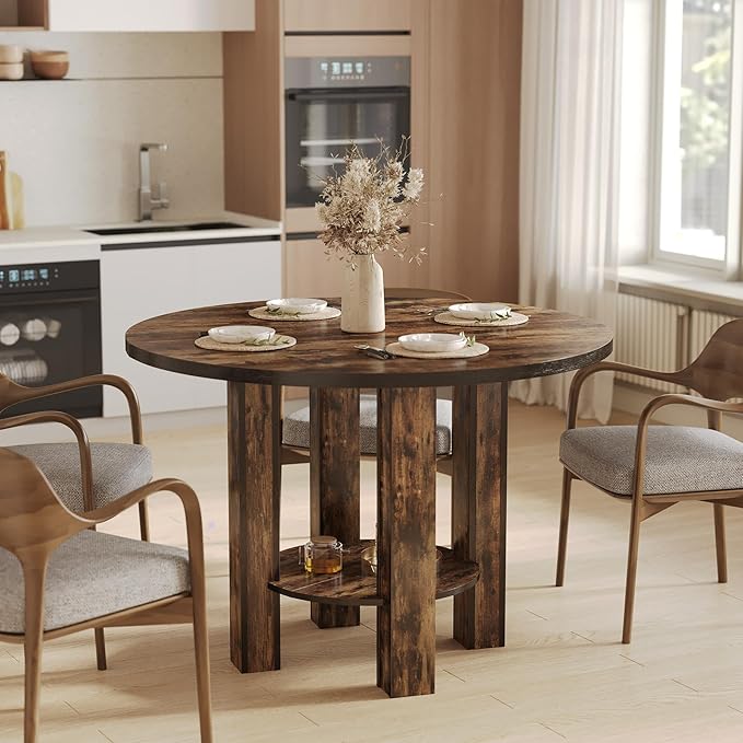 LITTLE TREE 39-Inch Round Dining Table for 4, Small Farmhouse Kitchen Dinner Table with Storage, 2-Tier Wooden Kitchen and Dining Room Furniture, Rustic Brown