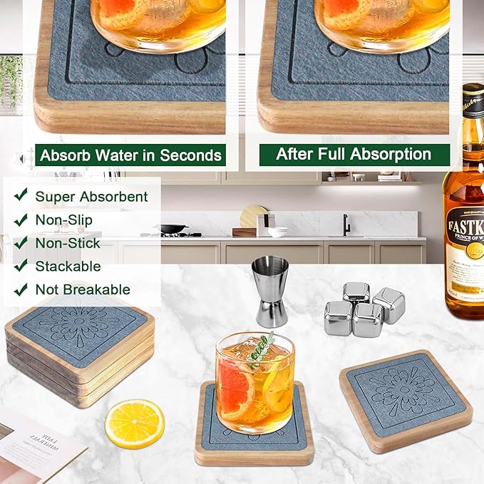 Square Coasters for Drinks, Absorbent Coaster Sets of 5, Wood Drinks Coasters for Coffee Tabletop Protection, Non-Slip, Non-Stick, Suitable for Kinds of Cups Wooden Table Drink, 4.1 Inches Grey