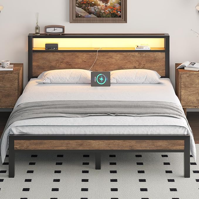 Queen Size Bed Frame with Storage Headboard, Industrial Platform Bed with Charging Station and LED Lights, Heavy Duty Metal Slats, No Box Spring Need, Noise Free, Rustic Brown