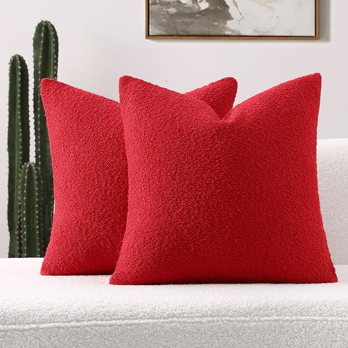 FUTEI Pack of 2 Red Decorative Throw Pillow Covers 24x24 Inch Soft Cozy Solid Boucle Textured European Cushion Case,Modern Home Decor for Couch Bed Living Room