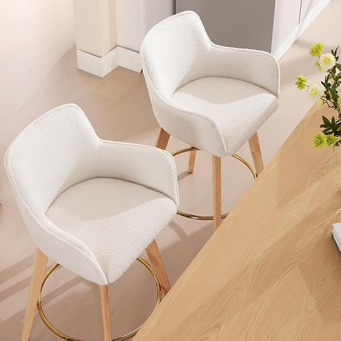 Counter Height Swivel Bar Stools, Boucle Upholstered Bar Stools with Back, Arms, Solid Wooden Legs, 26 Inch Chairs for Kitchen Island, Home Pub, Cafe, 2 Pcs, White