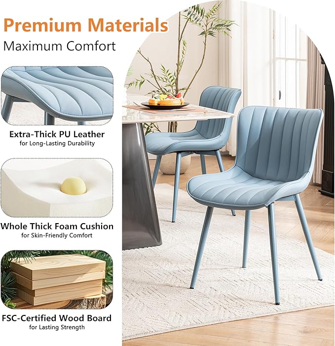 YOUNUOKE Mid-Century Modern Dining Chairs Set of 2, Blue PU Leather Upholstered Kitchen Chairs with Blue Metal Legs, Armless Accent Chair for Dining Room, Guest Reception Room