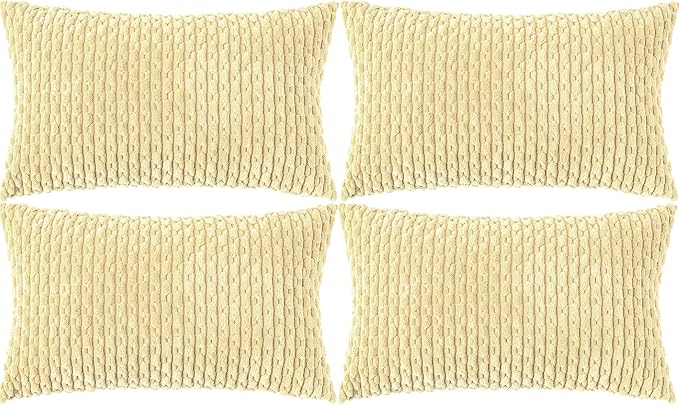 Set of 4 Pale Yellow Decorative Throw Pillow Covers 12x20 Inch Corduroy Pillow Covers for Bed Couch Sofa Living Room Soft Cushion Cases