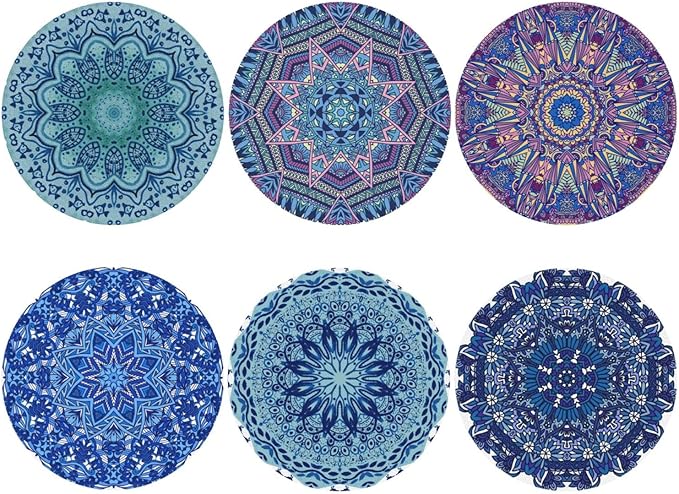Mandala Boho Blue Purple Coasters Set of 6 Coasters for Drinks Absorbent Double-Sided Leather PVC Coaster for Tabletop Protection Coffee Table Decor Ideal for Home Decor House Warming Gifts