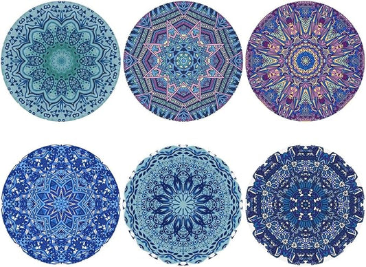 Mandala Boho Blue Purple Coasters Set of 6 Coasters for Drinks Absorbent Double-Sided Leather PVC Coaster for Tabletop Protection Coffee Table Decor Ideal for Home Decor House Warming Gifts