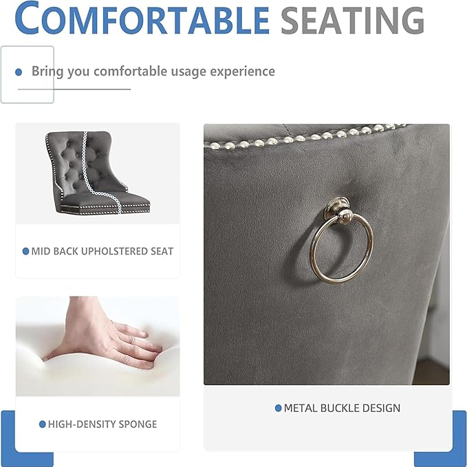 YISHENG Modern Swivel 27" H Seat Set of 2 Velvet Barstools with Backrest and Footrest,Button Tufted Rivet Trim Dining Room Chairs with Metal Pull Ring for Kitchen Island，Bistro, Home Bar，Gray