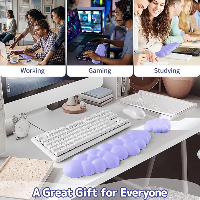 Cloud Wrist Rest Keyboard, Cloud Keyboard Wrist Pad Set with PU Leather Memory Foam, Cute Arm Rest for Palm Support, PC/Gaming Desk Accessories/Office Setup/Computer Hand Cushion - Purple