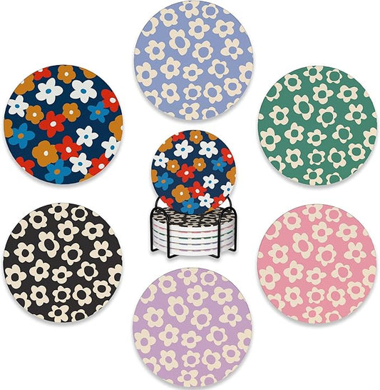 Drink Coasters Set of 6 with Holder,Vintage Flowers,Floral Pink Blue Green Purple Absorbent Ceramic Coasters with Cork Base,Fit All Cups,Tabletop Protection Mat for Mugs and Cups,Office,Kitchen