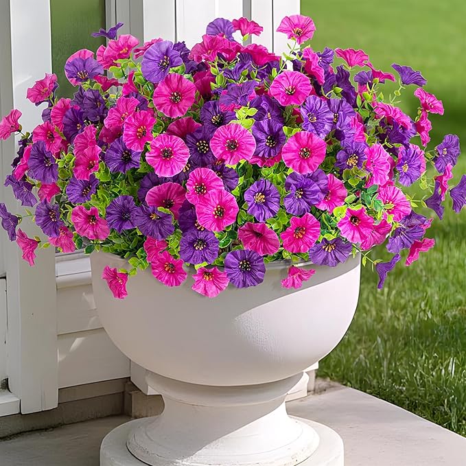 Artificial Flowers for Outdoors Decoration, 10 Bundles Fake Plastic Flower Plant, Faux Colorful Silk Morning Glory Petunias for Outside Garden Porch Front Door Decor, Purple