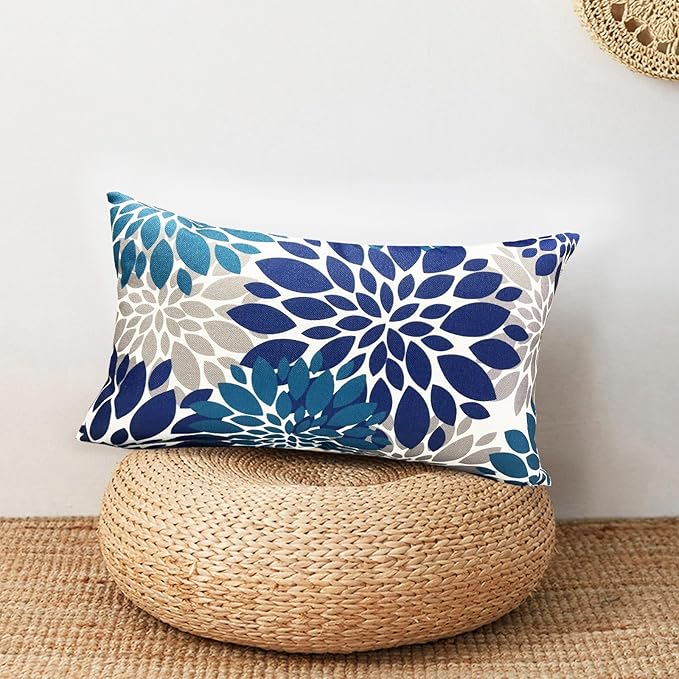 Decorative Throw Pillow Covers Set of 2 Blue Pillow Covers 12x20 Inch Couch Pillow Covers for Sofa Living Room Outdoor Throw Pillow Cover Linen Square Floral Flower Farmhouse Pillowcase