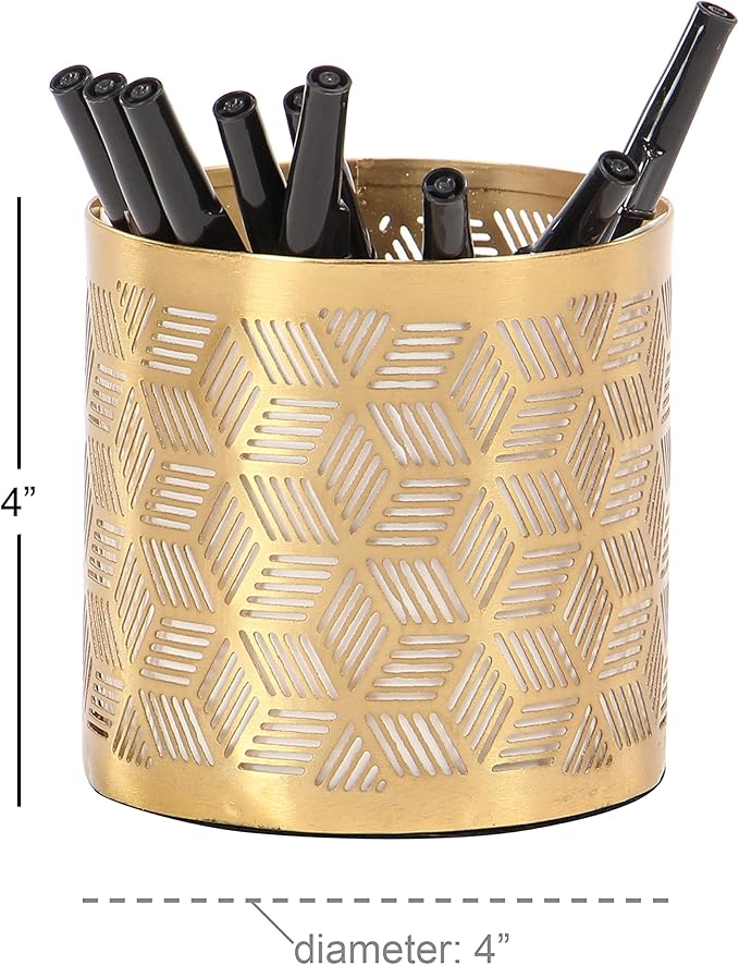 Deco 79 Metal Geometric Pencil Cup with Laser Carved Design, 4" x 4" x 4", Gold