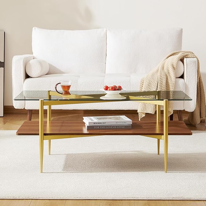 Rectangle Coffee Table, Mid-Century Modern Design, L41*W21*H17 inch, for Living Room, Clear Glass Top and Walnut Finish Wood Shelf, Conical Metal Legs with Gold Finish