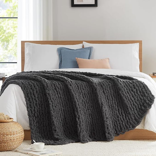 L'AGRATY Chunky Knit Blanket Throw: 72''x84'' Chenille Chunky Knitted Throw Blanket for Bed Couch - Handmade Thick Big Cable Knit Blanket - Large Crochet Blankets for Home Decor(Dark Grey)