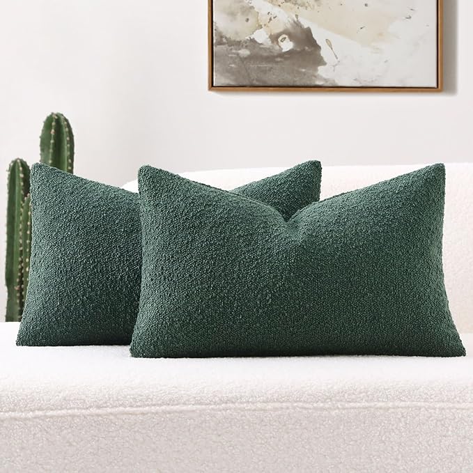 FUTEI Pack of 2 Dark Green Decorative Throw Pillow Covers 12x20 Inch Soft Cozy Solid Boucle Textured Lumbar Pillow Cases,Modern Home Decor for Couch Bed Living Room