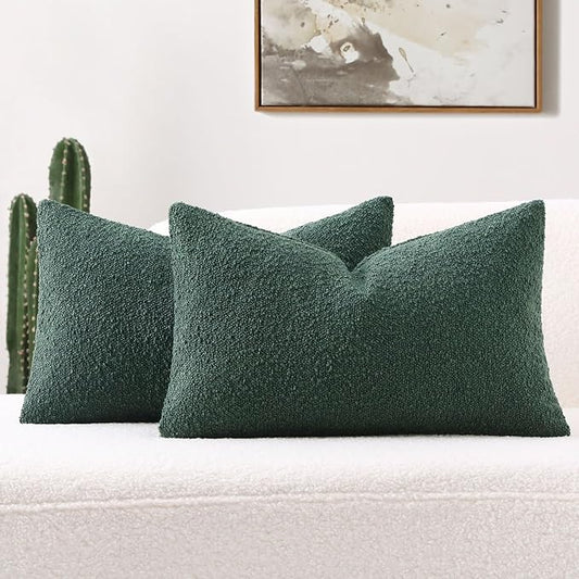 FUTEI Pack of 2 Dark Green Decorative Throw Pillow Covers 12x20 Inch Soft Cozy Solid Boucle Textured Lumbar Pillow Cases,Modern Home Decor for Couch Bed Living Room