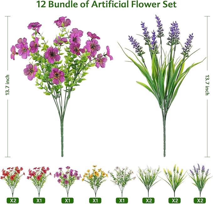 AGIRL 12 Bundles Artificial Flowers for Outdoor,No Fade Fake Plastic Flower Lavender Monkey Grass for Decoration,Faux Plants Hanging Planters Indoor Outside Garden Porch Window Box Home Wedding