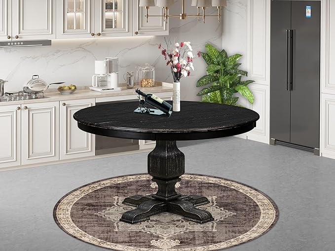 F53-11-TP - Wood Dining Table with Acacia Wood Round Tabletop, Sand Blasted Black Finish