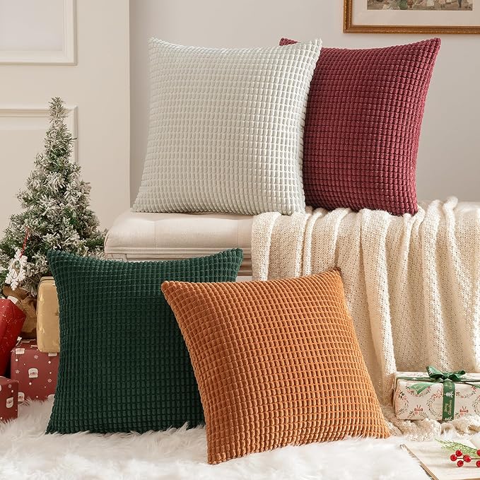 MIULEE Modern Farmhouse Decorative Pillow Covers 18x18 Inch Set of 4 Natural Rustic Throw Pillows Neutral Warm Soft Corduroy Couch Pillowcases Home Decor for Sofa Living Room Bed Christmas Red