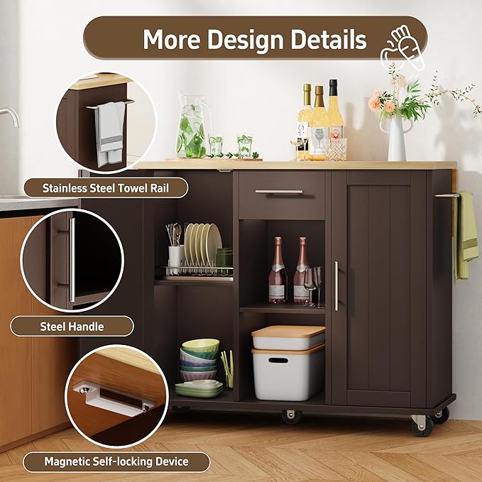 Shintenchi Kitchen Island with Storage, Bar Cart Cabinet Island Table on Wheels, Rolling Microwave Cart for Kitchen with Drop Leaf, Drawers, Towel Rack, Seating Area for Dining Room, Brown
