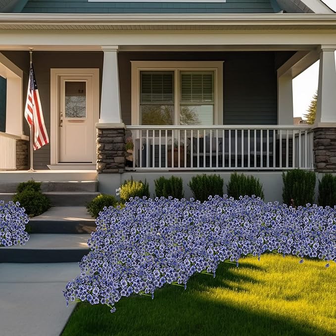 Lnoicy 12 Pcs Artificial Flowers for Outdoor,Plastic Flowers Decoration, UV Resistant Faux Flowers Shrubs, Artificial Plants for Indoor Outside Garden Home Wedding Farmhouse(Blue)