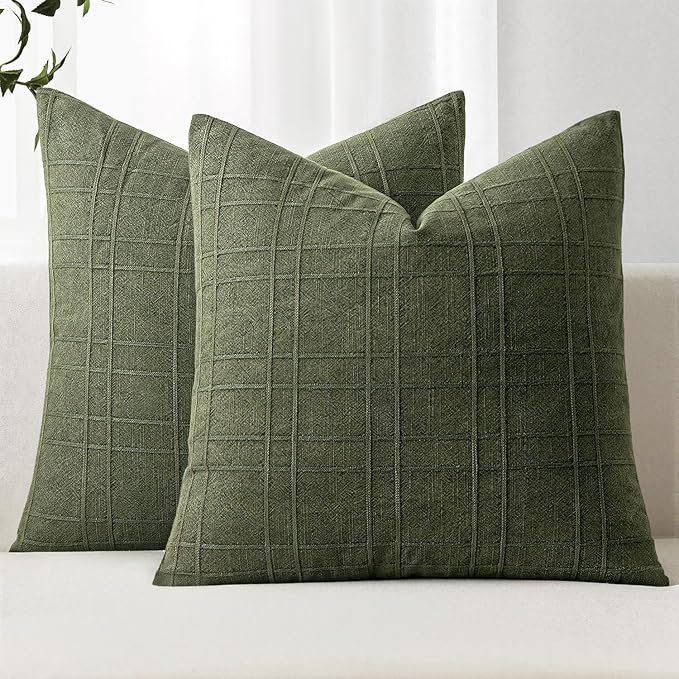 MIULEE Decorative Linen Check Euro Shams Throw Pillow Covers Neutral Farmhouse Vintage Christmas Pillow Covers 24x24 Set of 2 Boho Modern Home Decor for Sofa Couch Bedroom Cushion Dark Olive Green