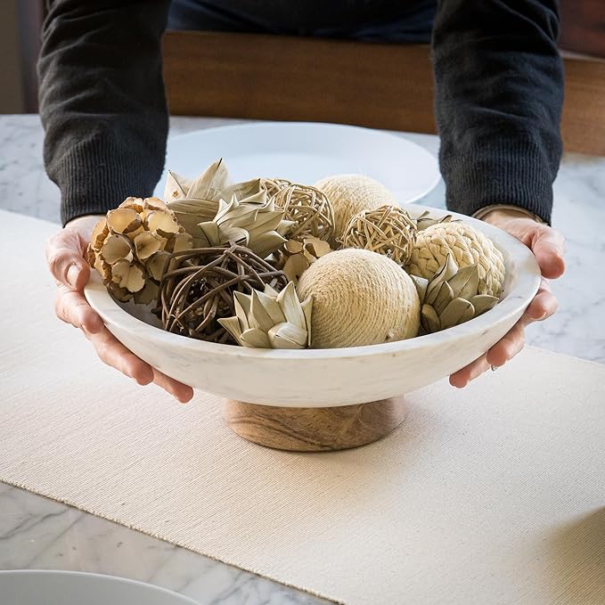Cork & Mill Marble Decorative Bowl for Home Decor - Handcrafted Natural Stone with Acacia Wood Pedestal - Versatile 11" Catch All for Entryway, Kitchen Fruit Bowl, Potpourri, Dining Table Centerpiece