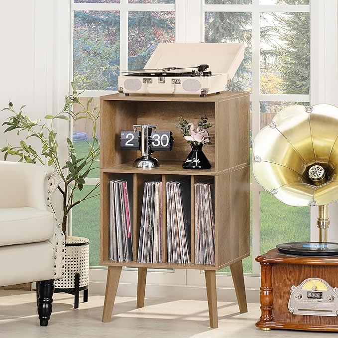 Lerliuo Record Player Stand, Oak Turntable Stand Holds up to 160 Albums, Mid-Century Vinyl Storage Cabinet Table with Solid Wood Legs, Record Player Holder Dispaly Shelf for Bedroom Living Room