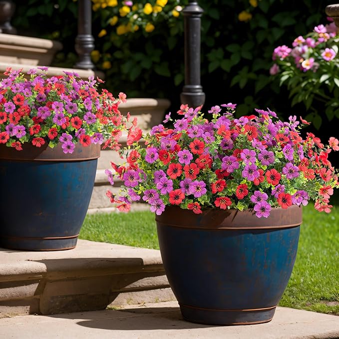 Artificial Fake Plants Flowers for Outdoor Spring Summer Decor, 12 Bundles Faux Silk Daisy for Planter Pot Colorful UV Resistant Look Real for Front Door Porch Patio Outside Yard(Purple Red)