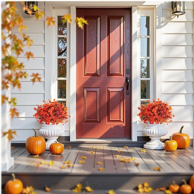 Artificial Mums Fall Fake Flowers for Outdoors, 12 Bundles Faux Mums for Outdoor Planters Decorations,UV Resistant Silk Flowers Plastic Plants for Front Porch Garden Patio Home Decor(B-Orange Brown)