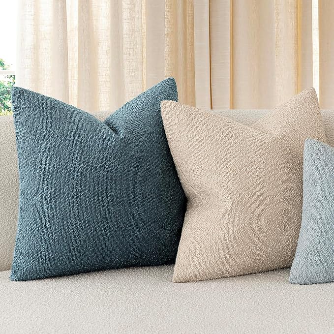 Foindtower Pack of 2, Decorative Textured Boucle Throw Pillow Covers Accent Solid Pillow Cases Cozy Soft Couch Cushion Case for Chair Sofa Bedroom Living Room Home Decor 22x22 Inch Misty Blue