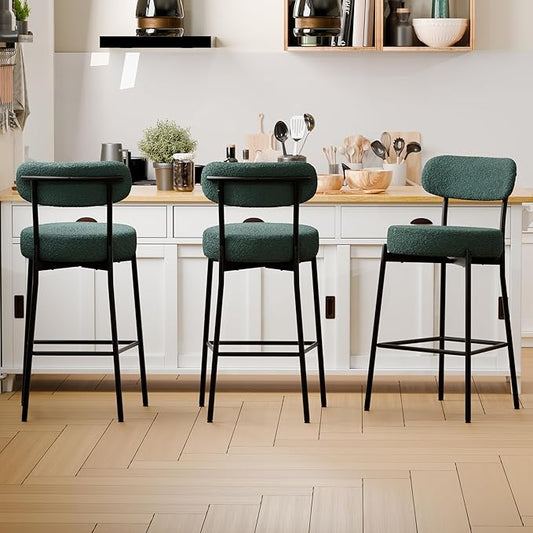 DYHOME Bar Stools Set of 3, Green 27.56 Inches Counter Height Kitchen Island Stools,Boucle Barstools with Back, Mid-Century Modern Bar Chairs for Kitchen Island, Dining Room