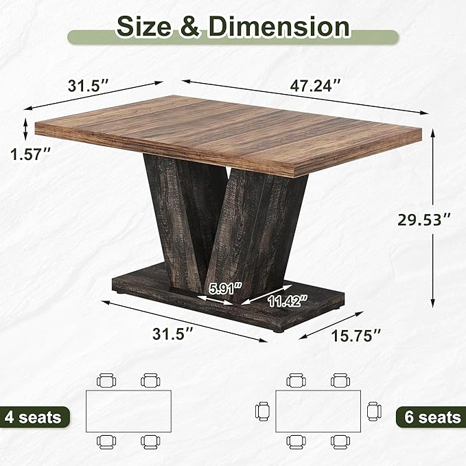 NicBex 47" Dining Table for 4 People, Farmhouse Dinner Table Small Dining Room Tables Rectangular Wooden Kitchen Tables with Heavy Duty Pedestal for Kitchen, Living Room, Black & Brown