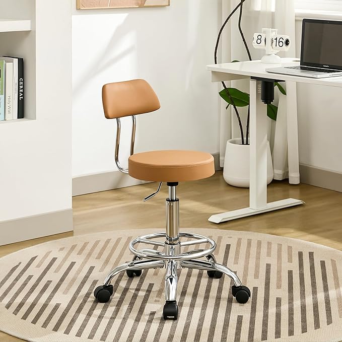 Ergonomic Desk Stool(Sturdy Rolling Stool with Back)(Swivel Armless Office Chair 19.5"-26.6") Adjustable Footrest Salon Chair (Camel Brown)