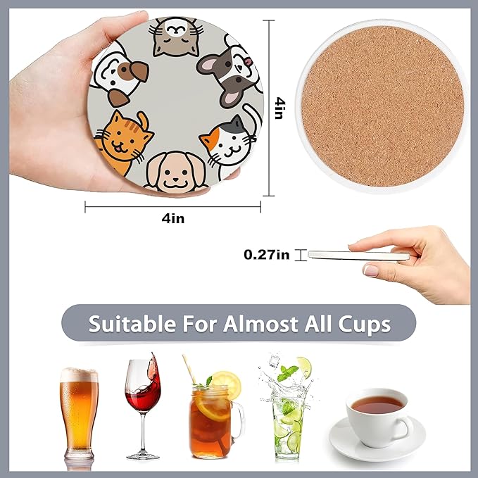 6 Pcs Coasters for Drinks with Holder,Cute Cats and Dogs Absorbent Coaster with Cork Backing,Great Gift for Housewarming,Room Decor,Bar,Holiday Party