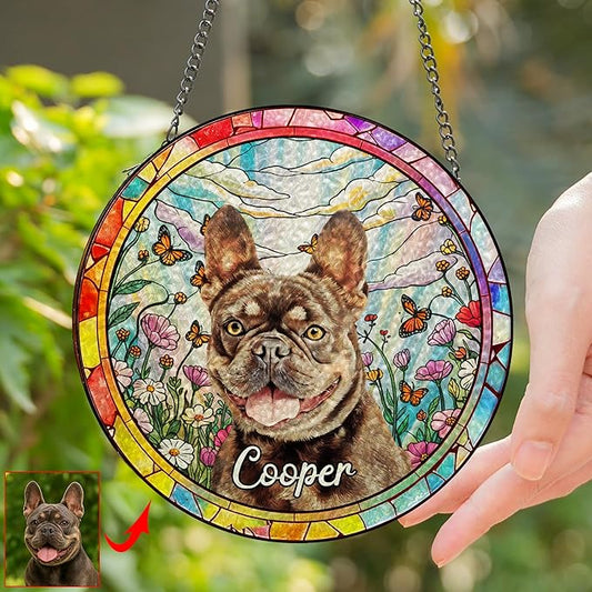 Custom Dog Portrait Stained Glass Window Hangings, Pet Stained Glass Suncatcher, Loss of Dog Sympathy Gift Personalized, Custom Name Dog Memorial Gifts