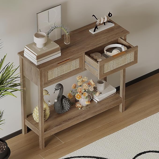 Farmhouse Rattan Console Table with 2 Drawers 2 Tier Boho Narrow Long Sofa Table Natural with Open Storage Shelf Wood Entryway Table for Living Room Hallway Foyer