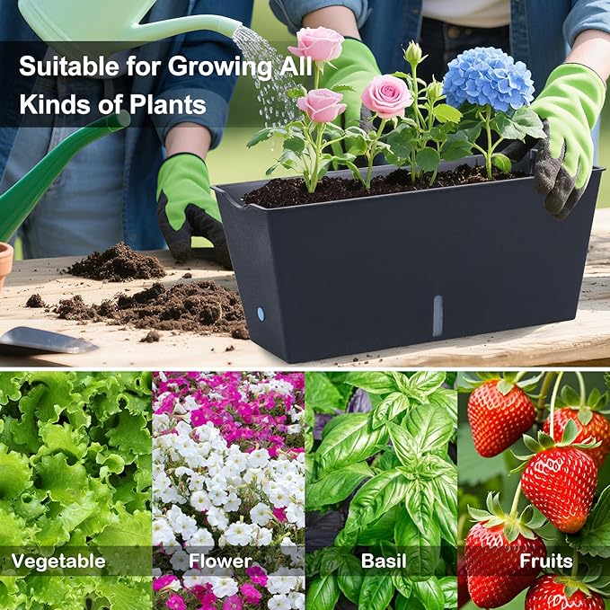 Window Box Planter 6 Pcs, 16.5 Inches Self Watering Rectangle Flower Plant Pots with Drainage Holes Trays, Vegetable Planters for Windowsill Patio Garden Balcony Porch Yard (Black)